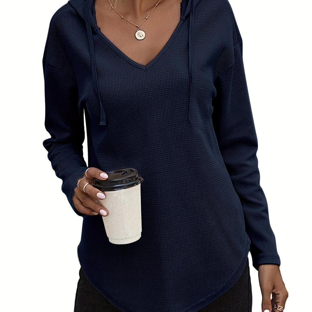 Women's comfy waffle knit V-neck winter hoodie in Navy Blue