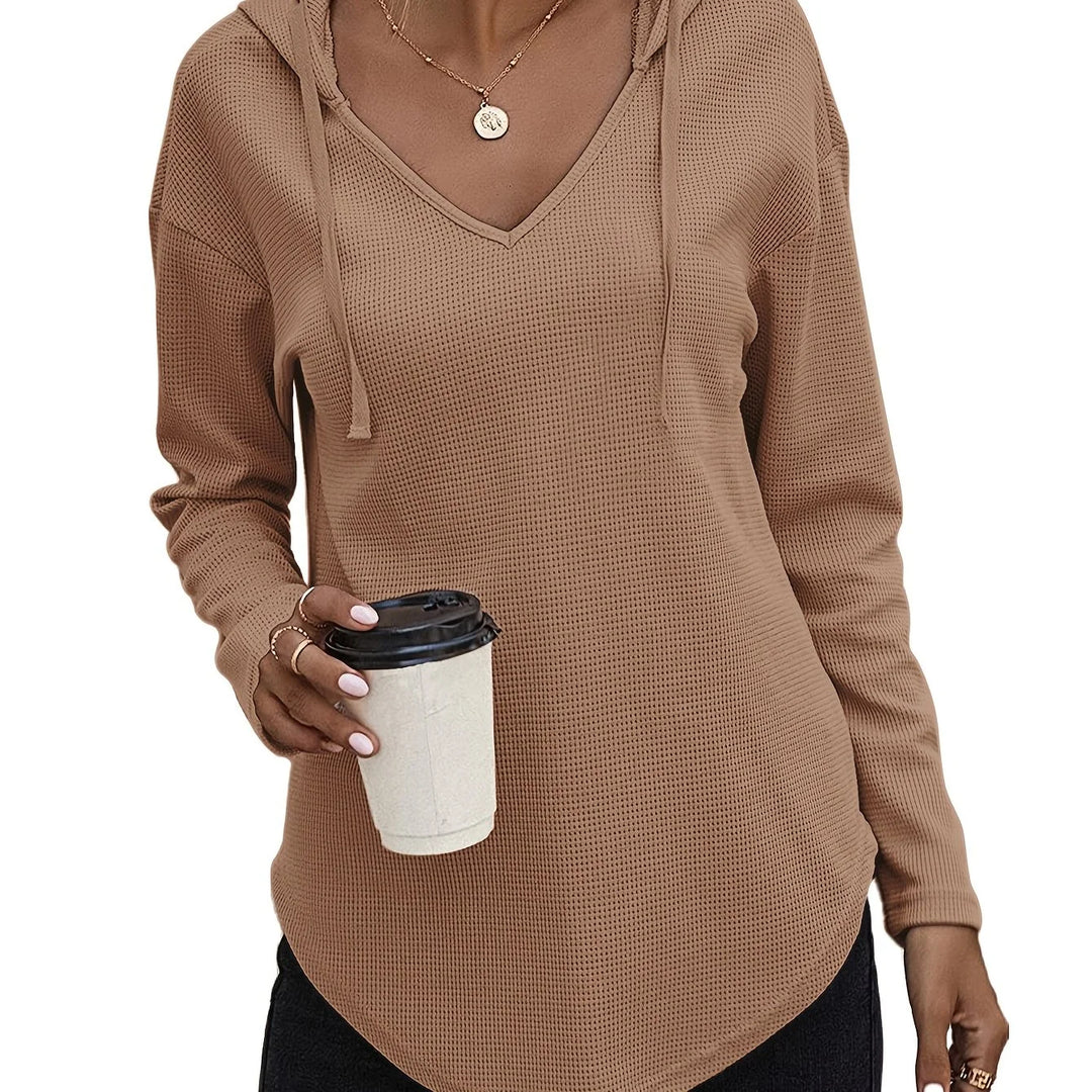 Women's comfy waffle knit V-neck winter hoodie in Tan