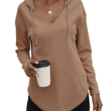 Women's comfy waffle knit V-neck winter hoodie in Tan