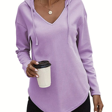 Women's comfy waffle knit V-neck winter hoodie in Violet