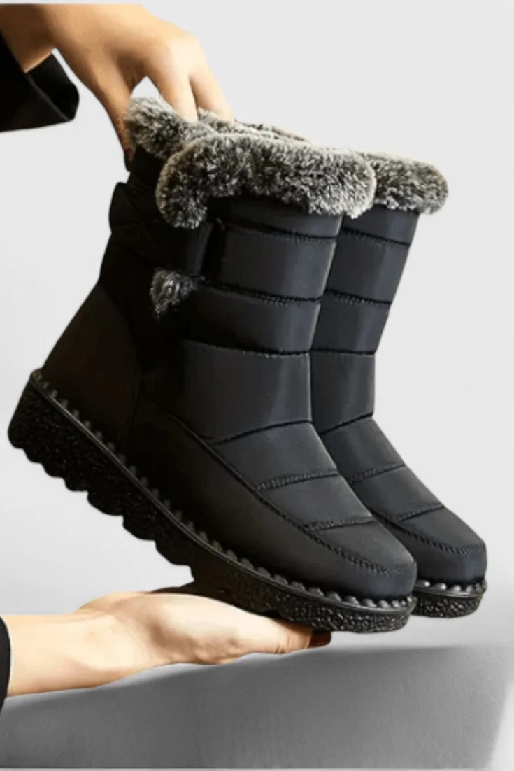 Women's quilted waterproof ankle winter boots with faux fur trim - Blue