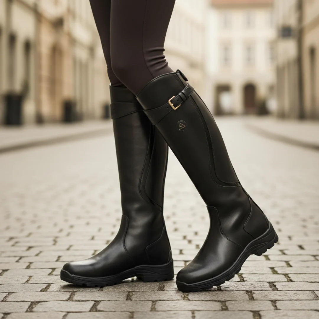 Women's waterproof knee high winter boots with adjustable buckle in Black