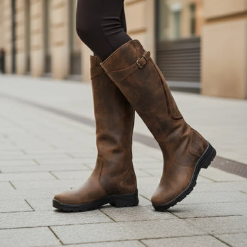 Women's waterproof knee high winter boots with adjustable buckle in Brown