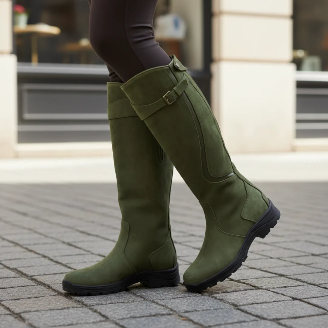 Women's waterproof knee high winter boots with adjustable buckle in Green
