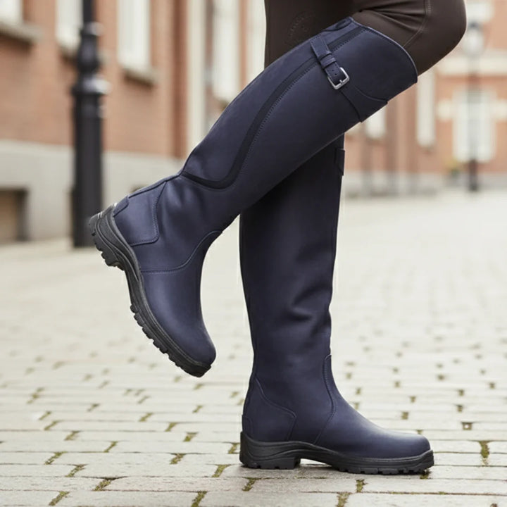 Women's waterproof knee high winter boots with adjustable buckle in Navy Blue