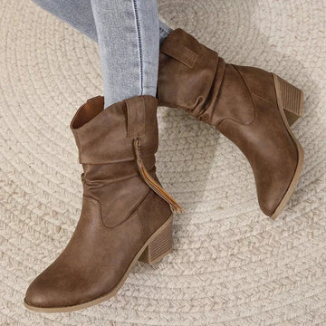 Women's suede ankle winter boots with braided straps - Dark Brown A