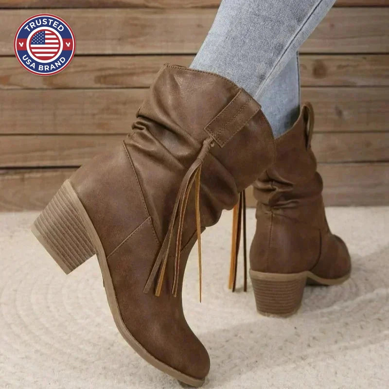 Women's suede ankle winter boots with braided straps - Dark Brown A