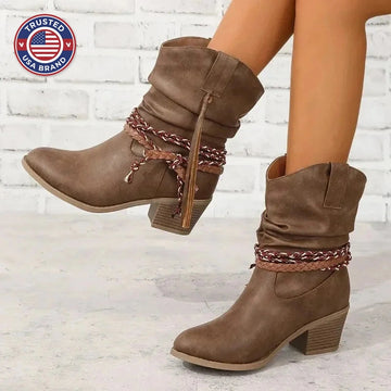 Women's suede ankle winter boots with braided straps - Dark Brown A