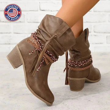 Women's suede ankle winter boots with braided straps - Dark Brown A