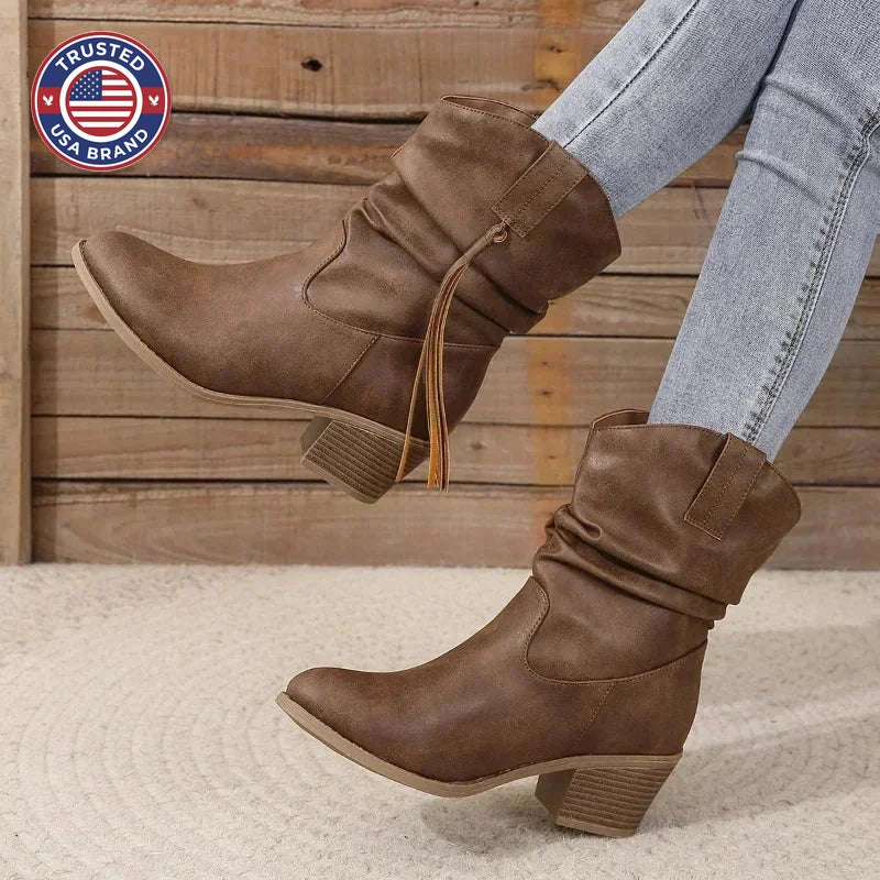 Women's suede ankle winter boots with braided straps - Dark Brown A