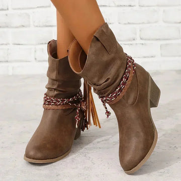 Women's suede ankle winter boots with braided straps - Dark Brown A