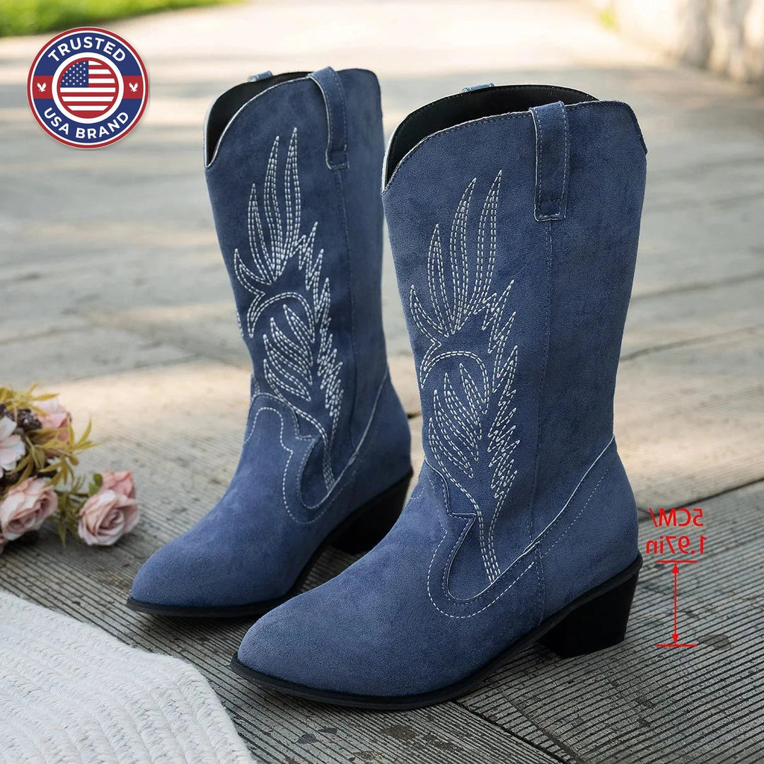 Women's mid-calf embroidered western suede winter cowboy boots
