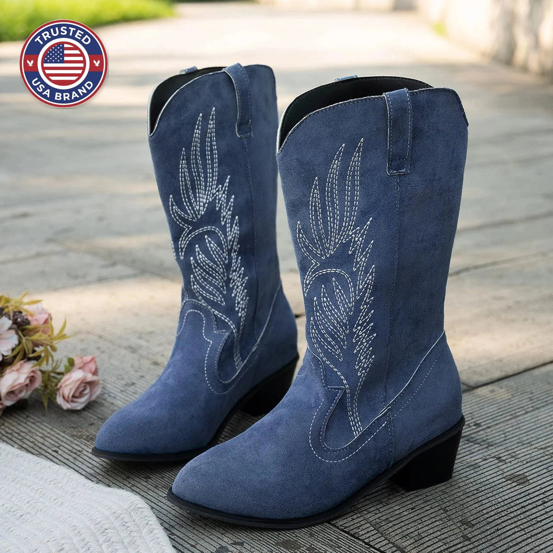 Women's mid-calf embroidered western suede winter cowboy boots