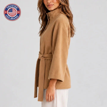 Women’s belted winter cape jacket with stand collar