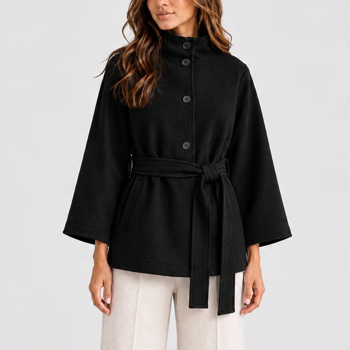 Women’s belted winter cape jacket with stand collar in Black