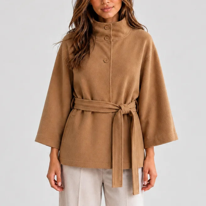 Women’s belted winter cape jacket with stand collar in Brown