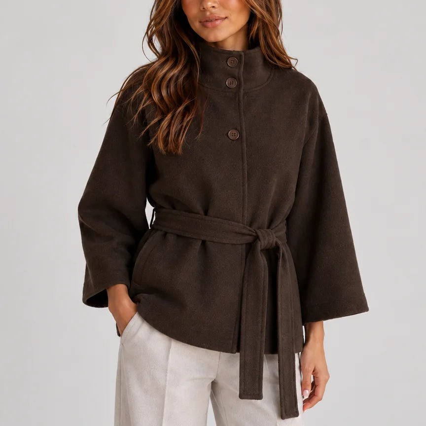 Women’s belted winter cape jacket with stand collar in Dark brown