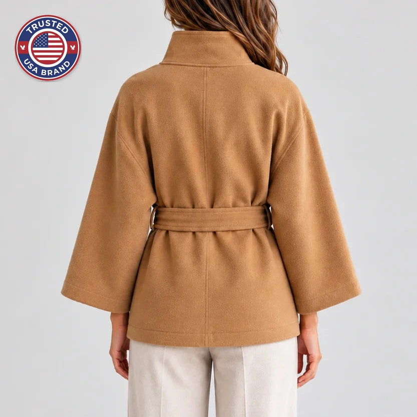 Women’s belted winter cape jacket with stand collar