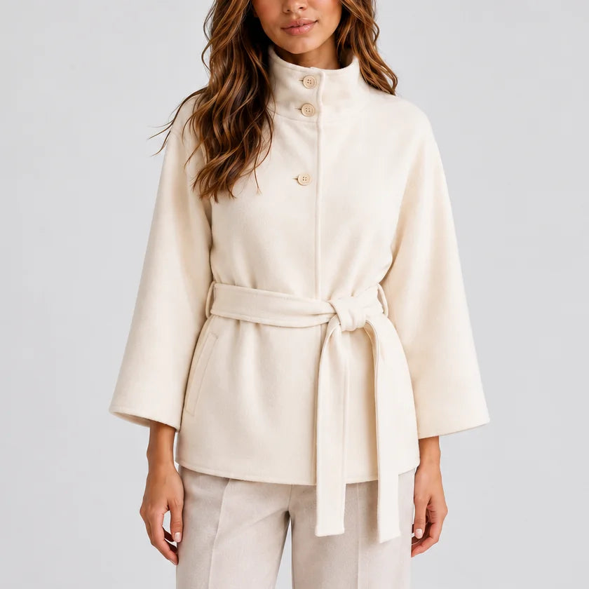 Women’s belted winter cape jacket with stand collar in White