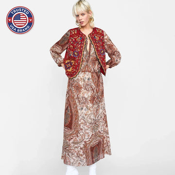 Women’s Boho Floral Open Front Vest Design - Red