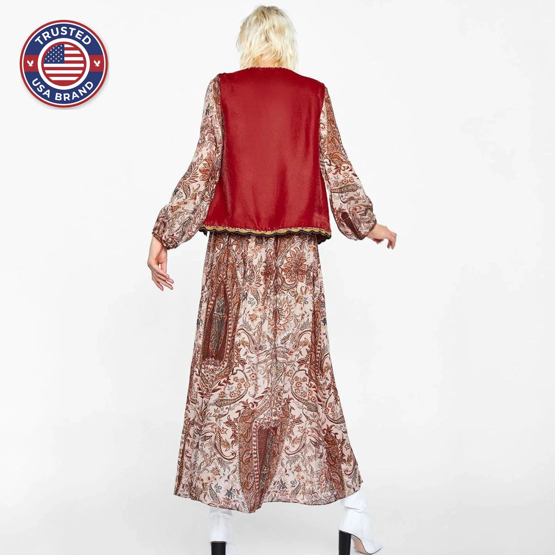 Women’s Boho Floral Open Front Vest Design - Red