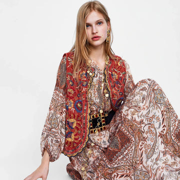 Women’s Boho Floral Open Front Vest Design - Red