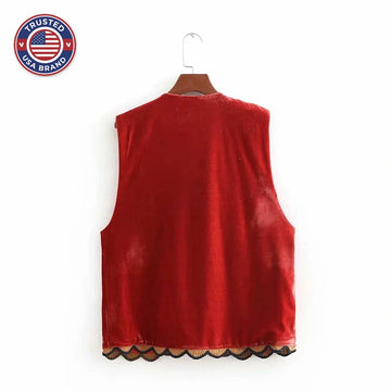 Women’s Boho Floral Open Front Vest Design - Red