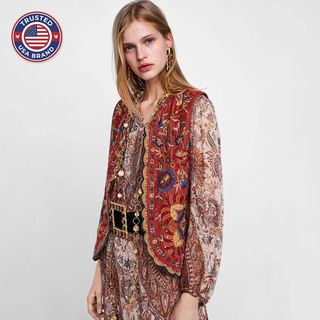 Women’s Boho Floral Open Front Vest Design - Red