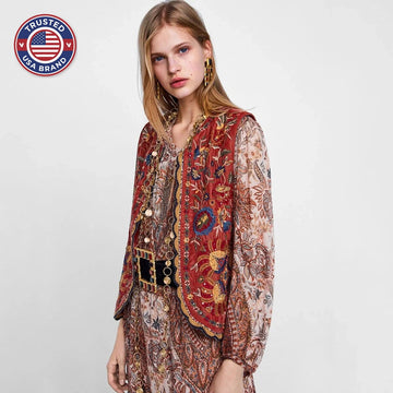 Women’s Boho Floral Open Front Vest Design - Red