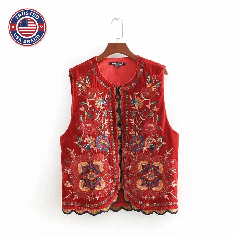 Women’s Boho Floral Open Front Vest Design - Red