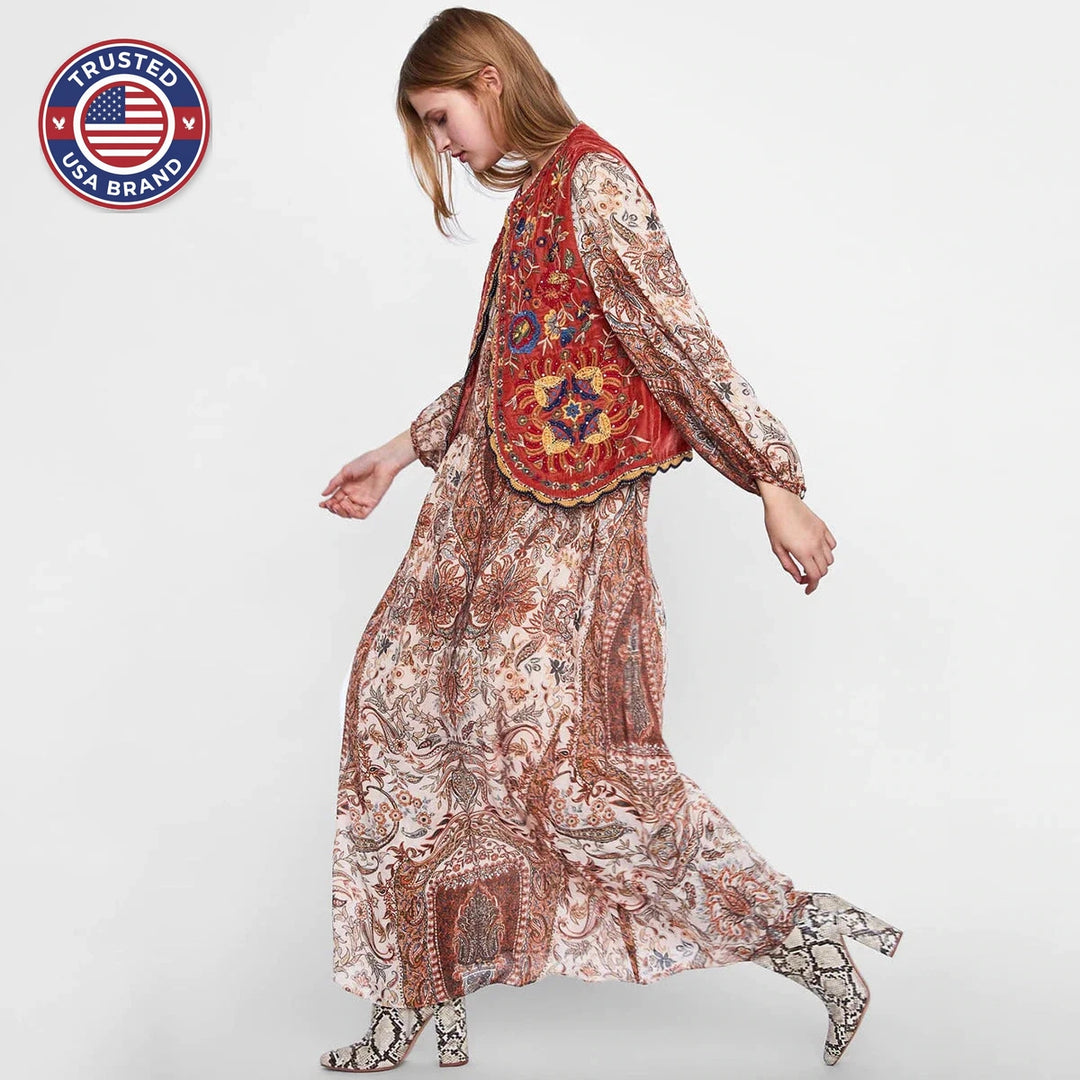 Women’s Boho Floral Open Front Vest Design - Red