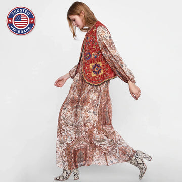 Women’s Boho Floral Open Front Vest Design - Red