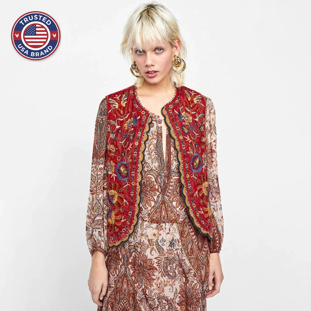 Women’s Boho Floral Open Front Vest Design - Red