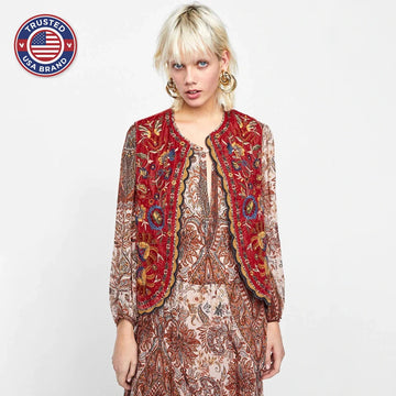 Women’s Boho Floral Open Front Vest Design - Red
