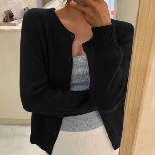 Women's Button Front Cardigan Cropped Relaxed Fit - Grey