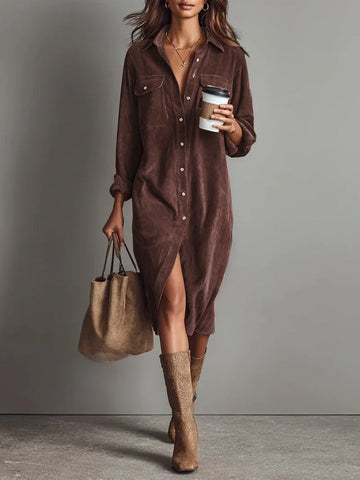Women's Button Front Long Sleeve Midi Dress - Brown