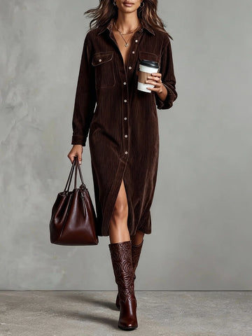 Women's Button Front Long Sleeve Midi Dress - Brown