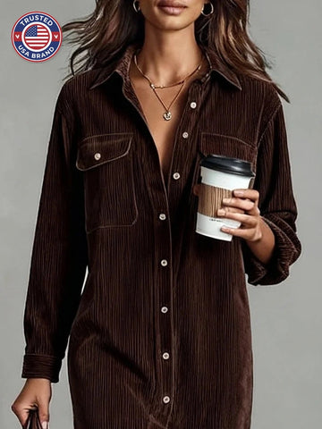 Women's Button Front Long Sleeve Midi Dress - Brown