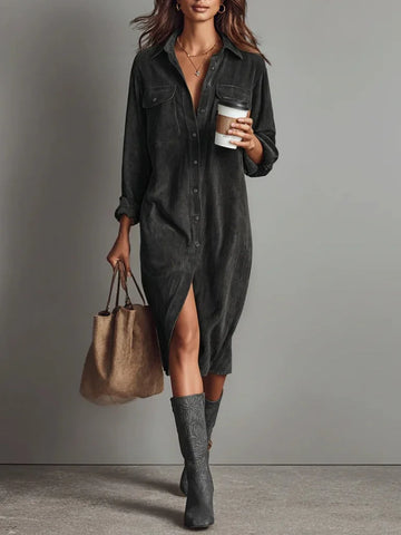 Women's Button Front Long Sleeve Midi Dress - Brown