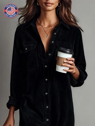 Women's Button Front Long Sleeve Midi Dress - Brown
