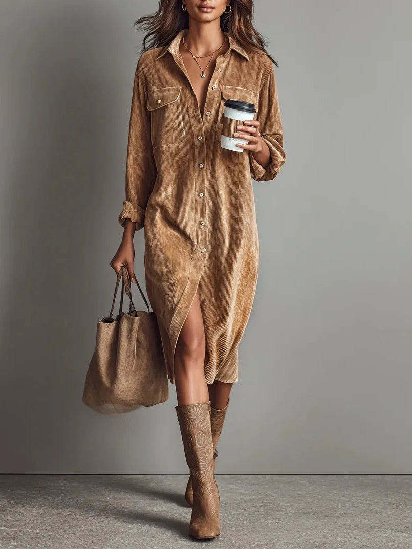 Women's Button Front Long Sleeve Midi Dress - Brown