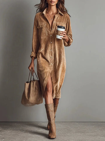 Women's Button Front Long Sleeve Midi Dress - Brown