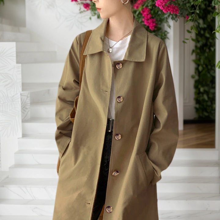 Women's button-front winter midi trench coat in Khaki