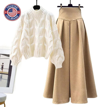 Women's winter cable knit sweater pleated skirt two-piece set