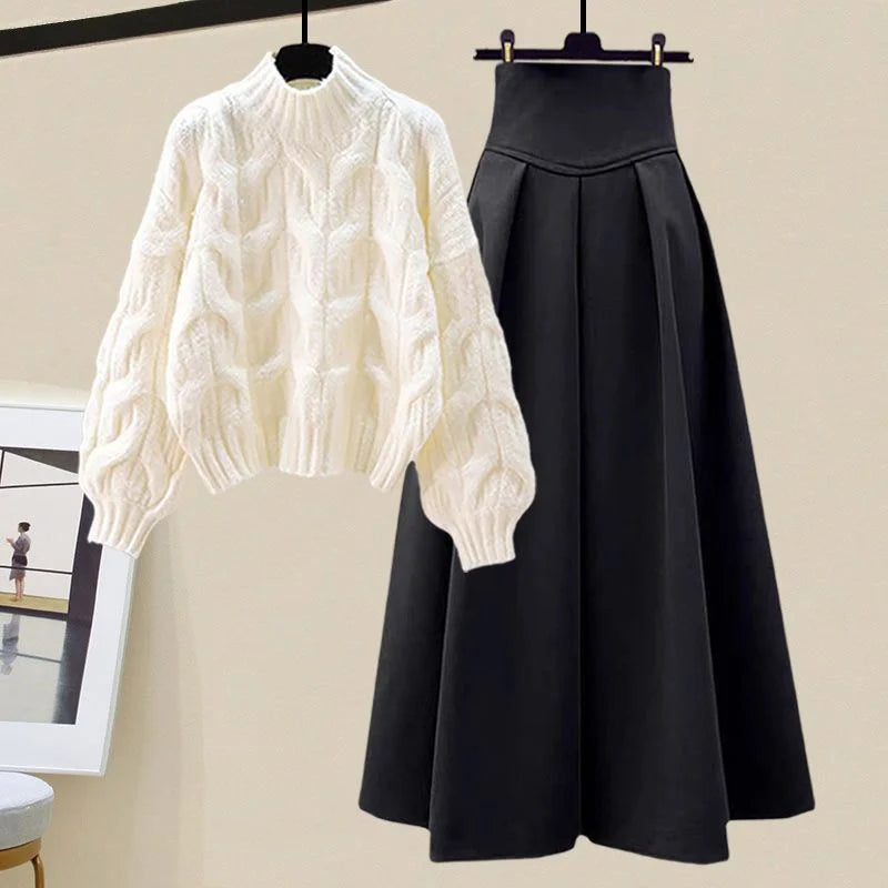 Women's winter cable knit sweater pleated skirt two-piece set in Black