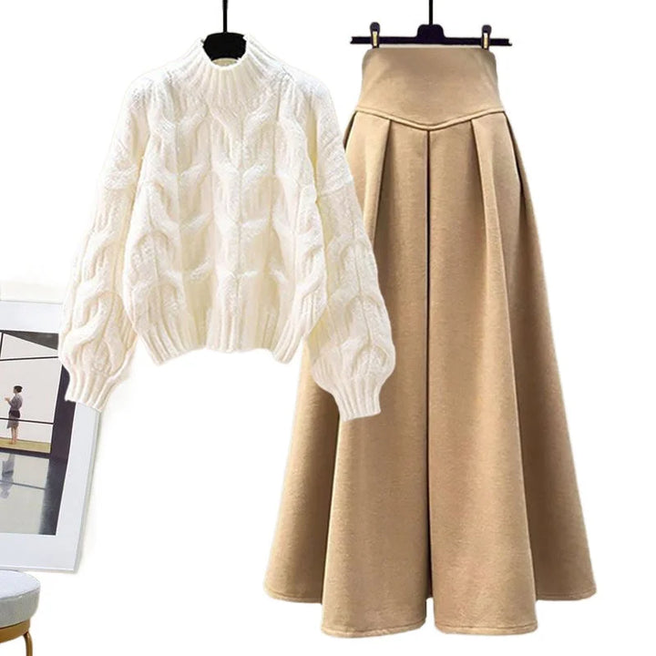 Women's winter cable knit sweater pleated skirt two-piece set in Cream