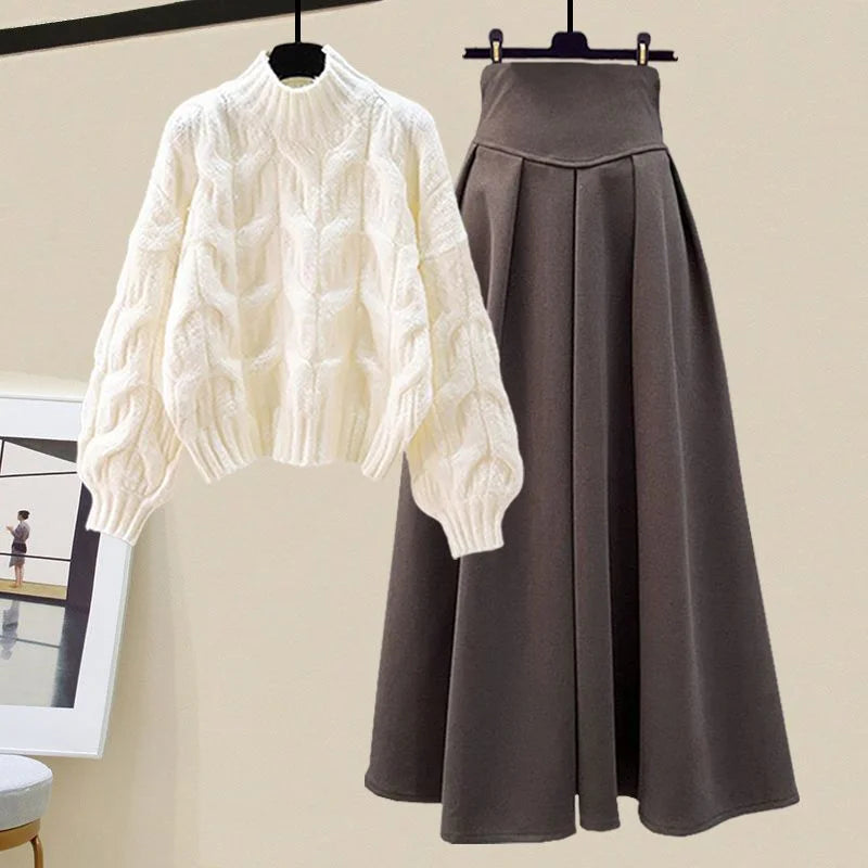 Women's winter cable knit sweater pleated skirt two-piece set in Grey