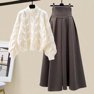 Women's winter cable knit sweater pleated skirt two-piece set in Grey