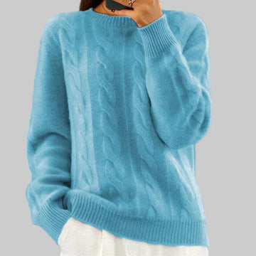 Women's winter cable knit sweater with high neck, ribbed hem & cuffs in Blue