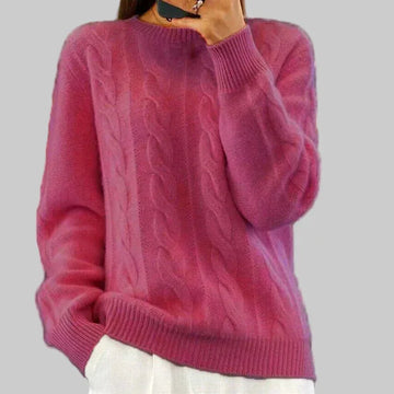 Women's winter cable knit sweater with high neck, ribbed hem & cuffs in Dark Pink